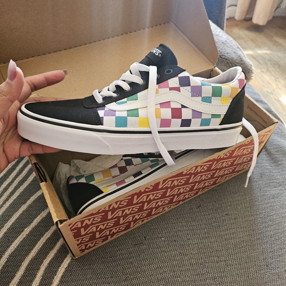 Vans Black and White Sneakers with Colorful Checkered Design